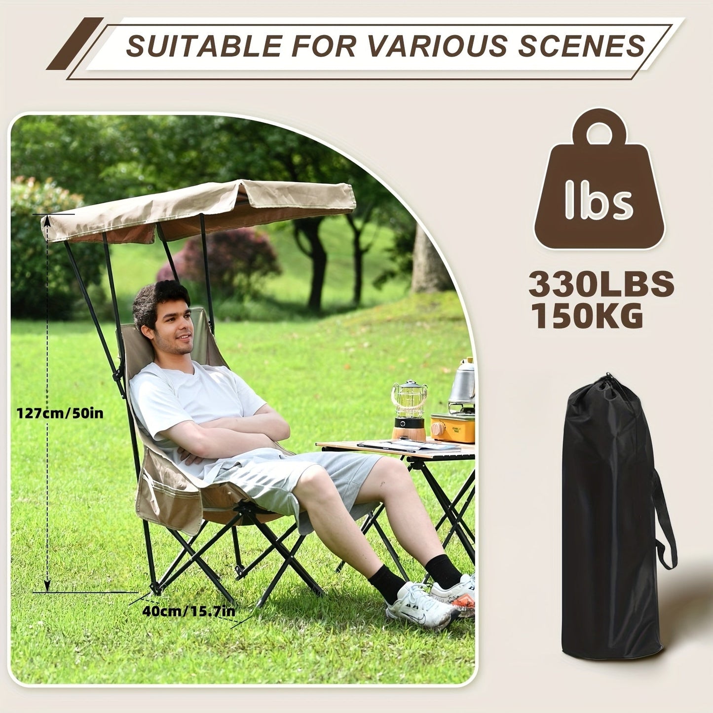 Chaise de Camping Pliable avec Pare-Soleil – Acier Inoxydable Kaki