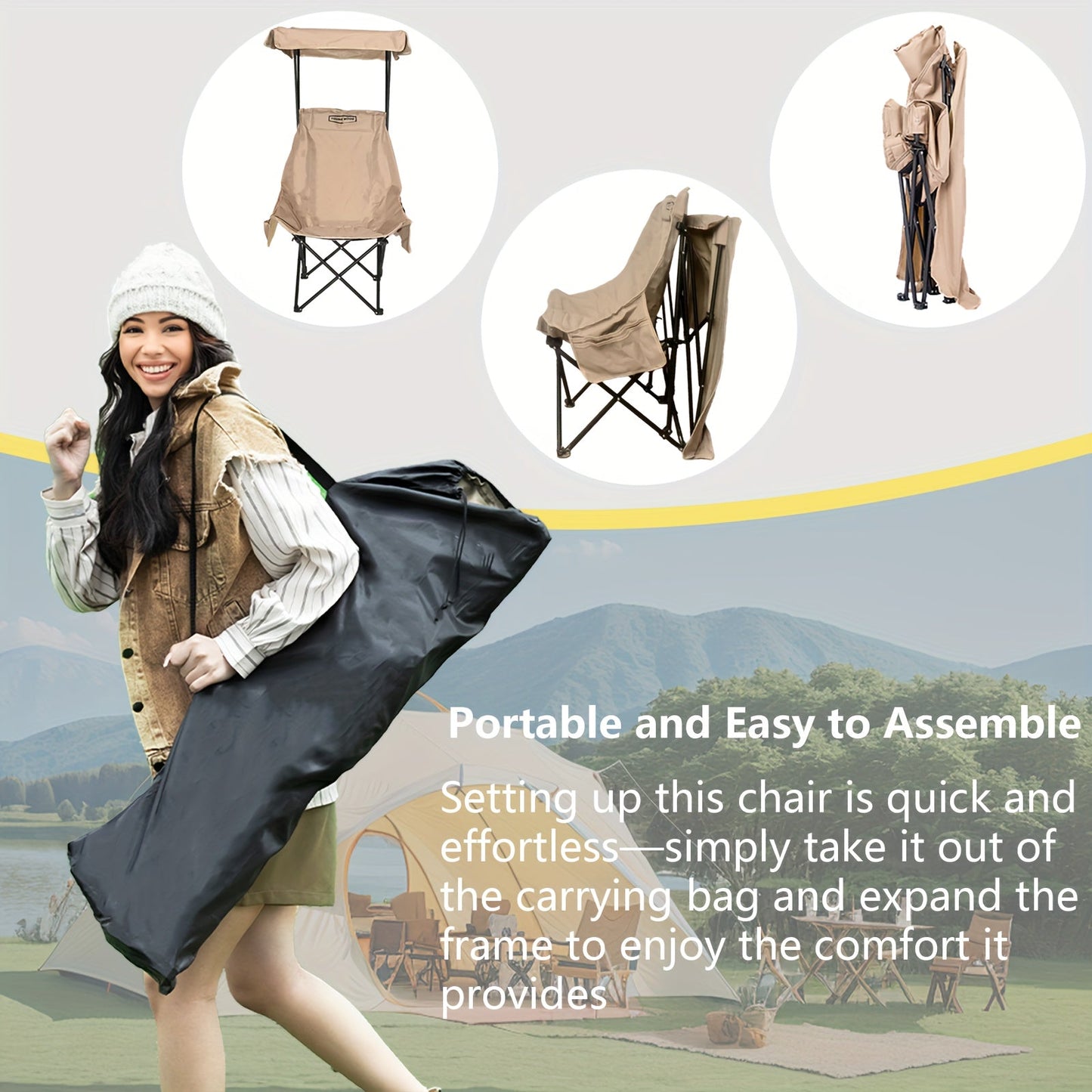 Chaise de Camping Pliable avec Pare-Soleil – Acier Inoxydable Kaki
