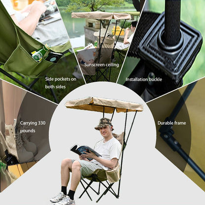 Chaise de Camping Pliable avec Pare-Soleil – Acier Inoxydable Kaki