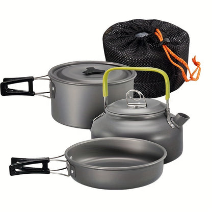 Kit Popote Aluminium 3 Pièces Camping - Casserole, Poêle & Bouilloire
