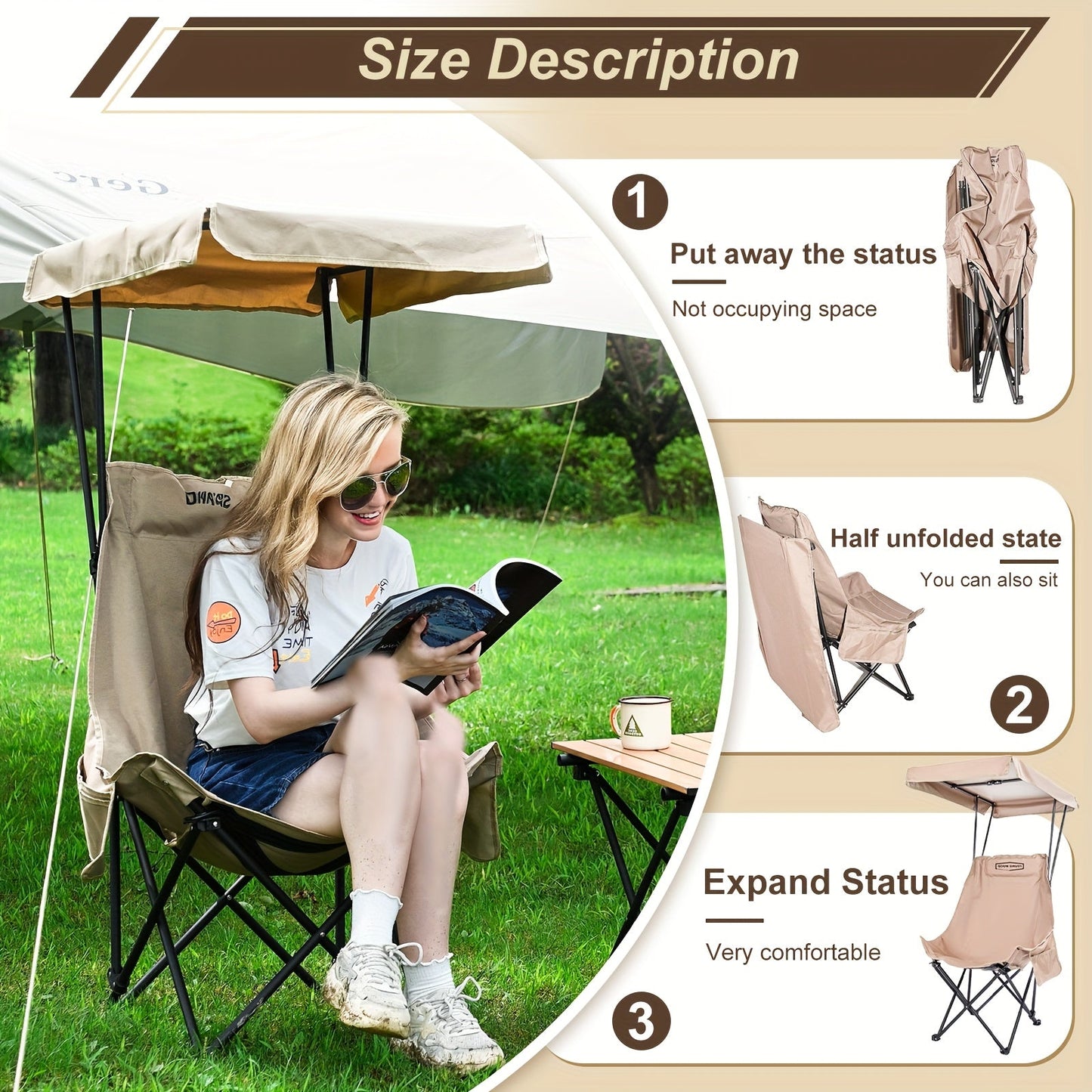 Chaise de Camping Pliable avec Pare-Soleil – Acier Inoxydable Kaki