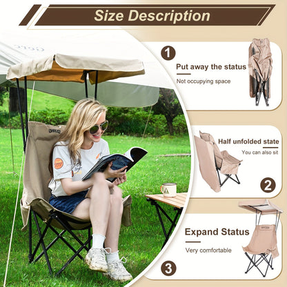 Chaise de Camping Pliable avec Pare-Soleil – Acier Inoxydable Kaki