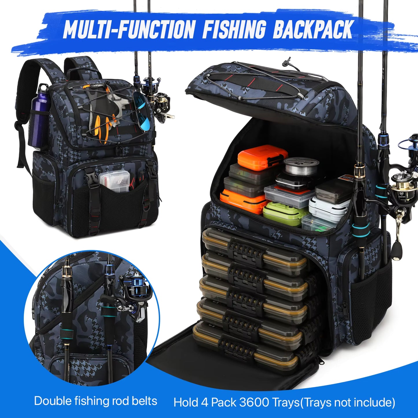 Sac à Dos de Pêche 45L – Multifonction, Porte‑Cannes, Housse de Pluie, Compartiment Isotherme