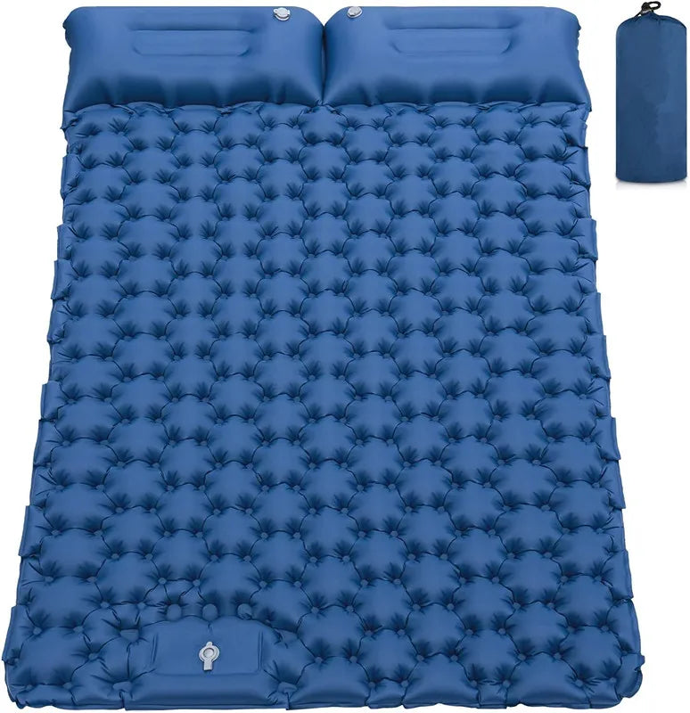 Matelas Gonflable Double Camping Étanche avec Oreillers Intégrés – Bleu Marine