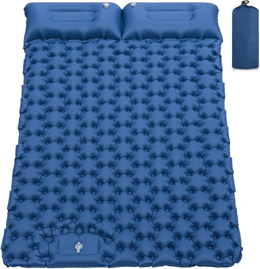 Matelas Gonflable Double Camping Étanche avec Oreillers Intégrés – Bleu Marine