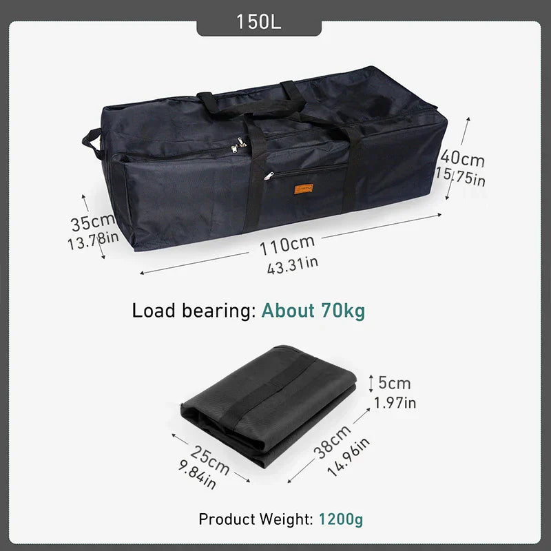 Sac de Rangement Camping Pliable 150L Étanche – Oxford 1680D | Noir