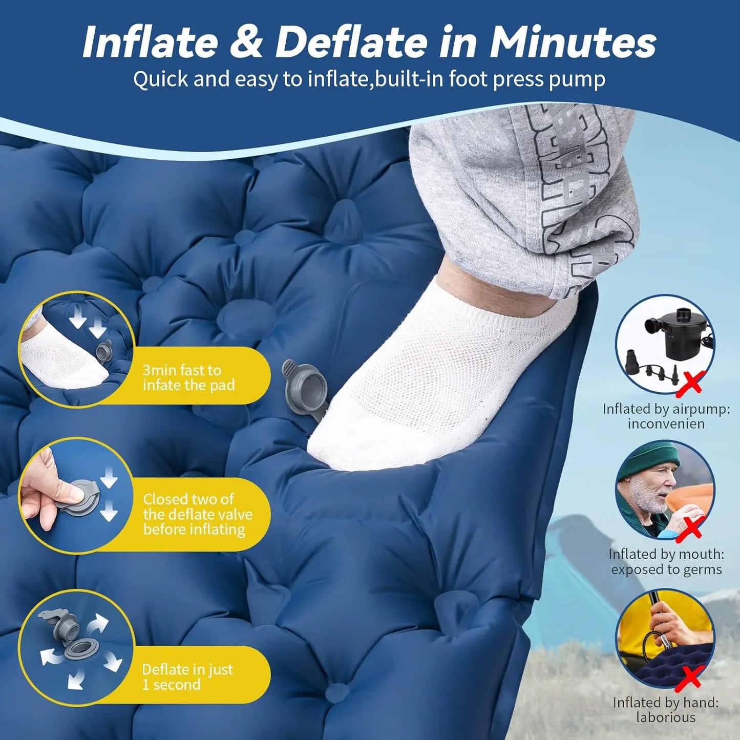 Matelas Gonflable Double Camping Étanche avec Oreillers Intégrés – Bleu Marine