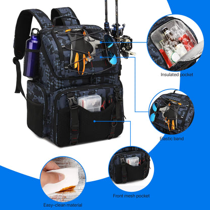 Sac à Dos de Pêche 45L – Multifonction, Porte‑Cannes, Housse de Pluie, Compartiment Isotherme