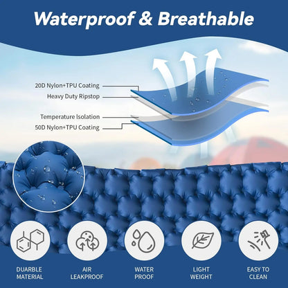 Matelas Gonflable Double Camping Étanche avec Oreillers Intégrés – Bleu Marine