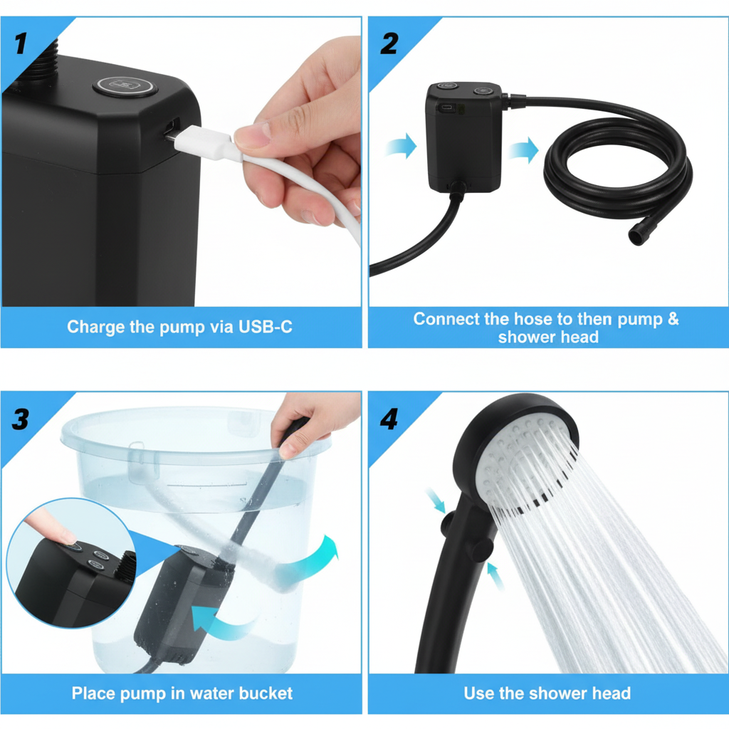 Douche de Camping Portable 6000 mAh – Pompe Électrique Rechargeable avec Écran LED