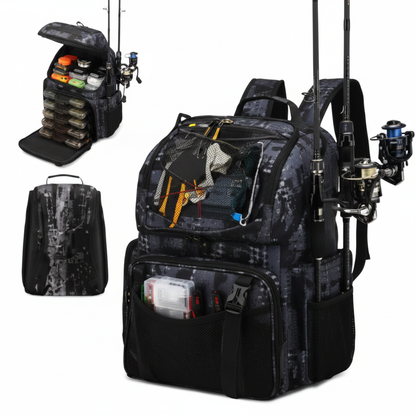 Sac à Dos de Pêche 45L – Multifonction, Porte‑Cannes, Housse de Pluie, Compartiment Isotherme