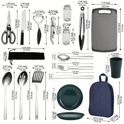 Kit de Cuisine Camping 31 Pièces – Ustensiles Inox pour Randonnée & BBQ