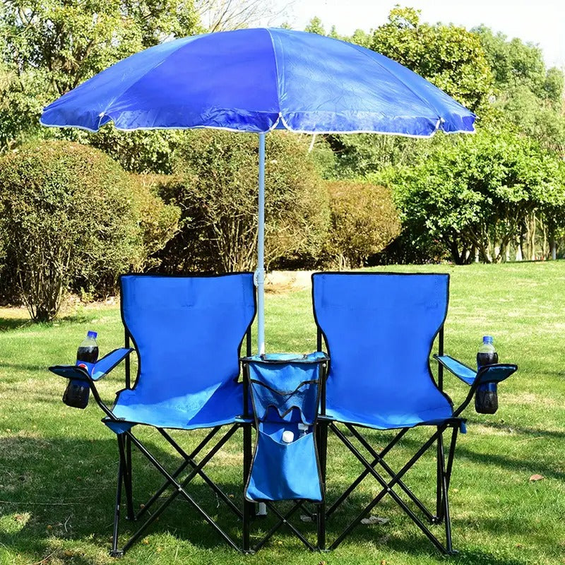 Chaise Double Camping avec Parasol & Glacière – Pliable Adulte