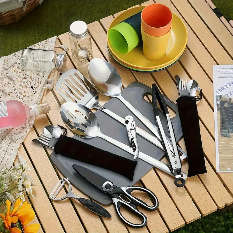Kit de Cuisine Camping 31 Pièces – Ustensiles Inox pour Randonnée & BBQ
